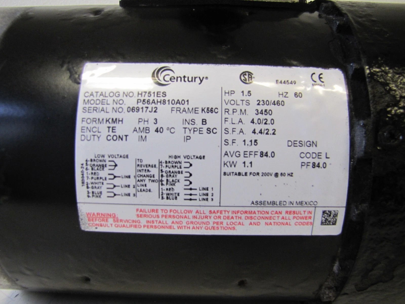 Used Century 1.5HP Electric Motor 230/460V 3 Phase 3450RPM 56C K56C P56A8H10A0 H751ES