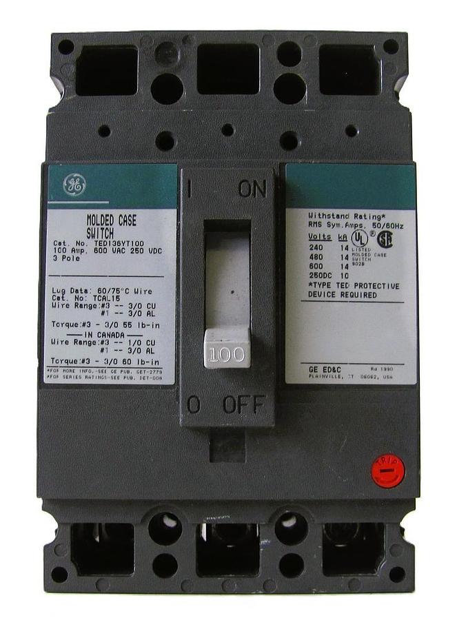 Used GE 100 Amp 100A Circuit Breaker 600 VAC 250 VDC 3 Pole TED136YT100