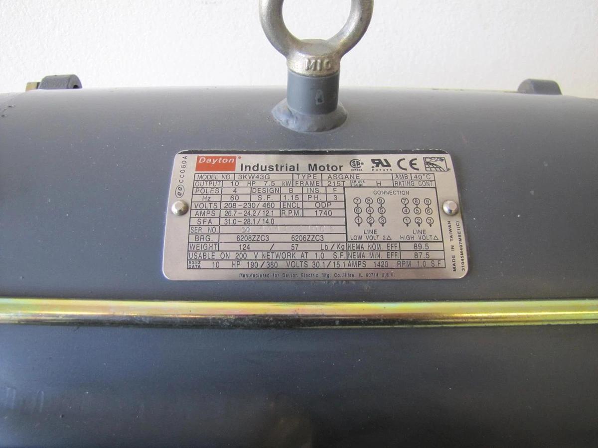 Used Dayton Industrial 10HP Electric Motor 208-230/460V 3 Phase 1740 RPM 215T  10 HP