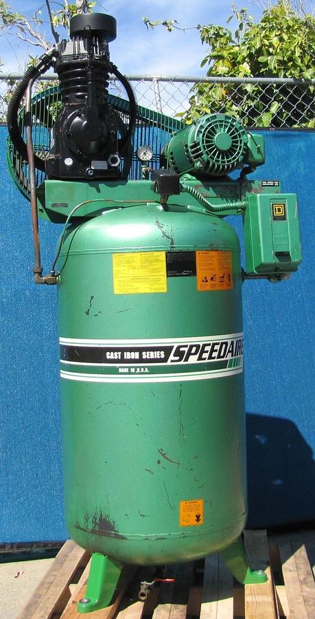 Used SpeedAire 5Z404E 5HP Piston Air Compressor 80 Gallon Tank 230V 3 Phase Upright