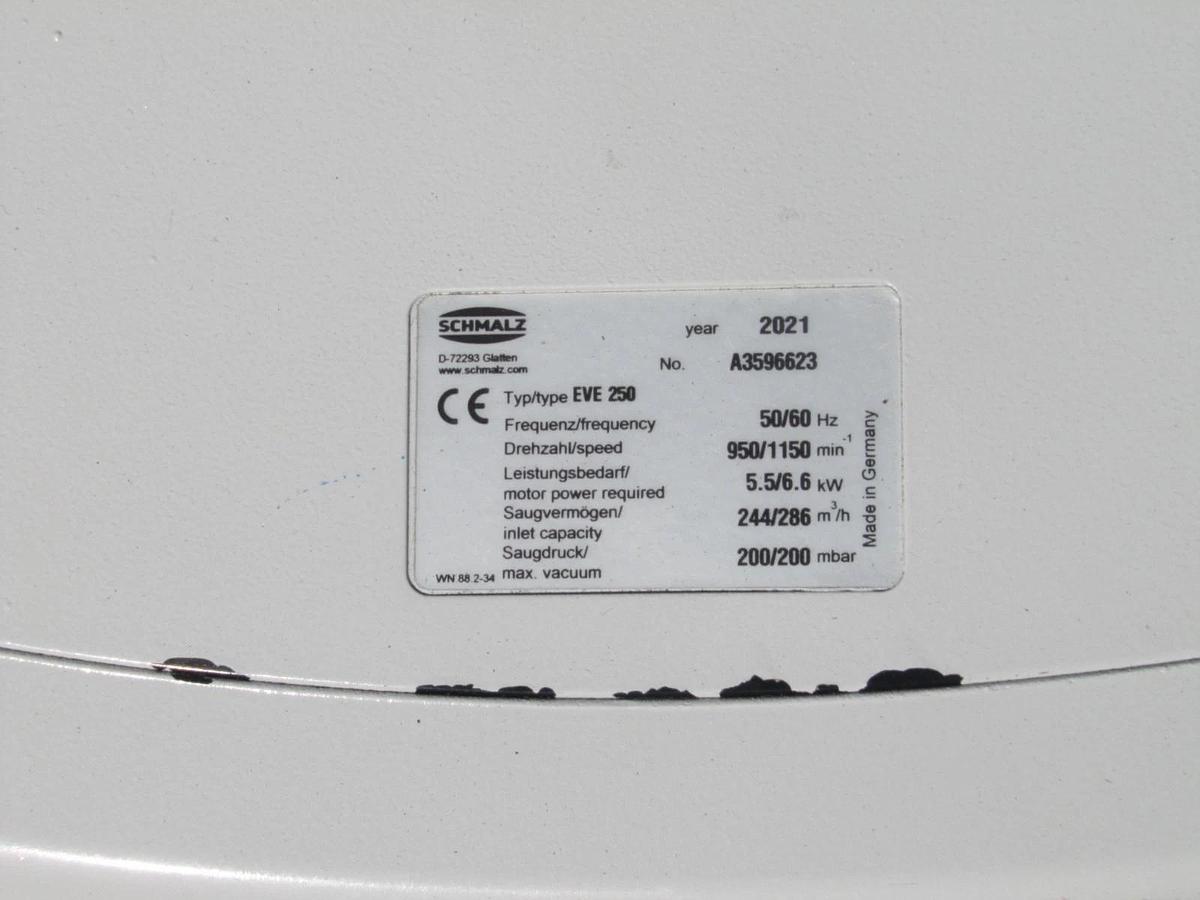 Used Schmalz EVE 250 Dry Vacuum Pump 168 CFM 6.6 KW / 8.9 HP Electric Motor 230/460V