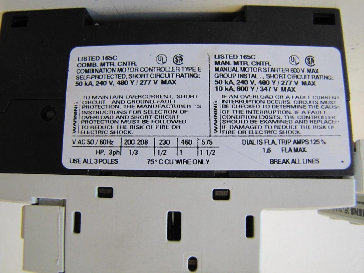 Used Siemens Sirius 3R 3RV1011-AA10 20A 20 Amp Circuit Breaker 3 Pole 600V