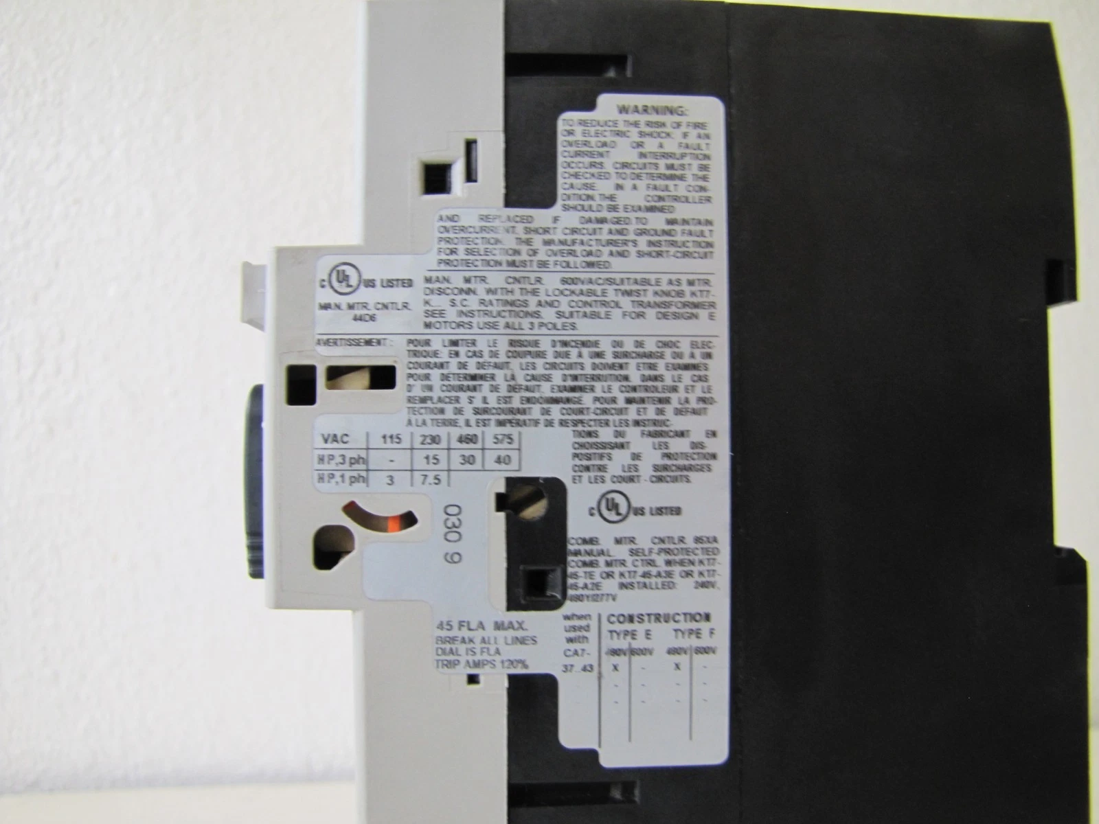 Used Sprecher+Schuh CA7-43-00 85A Contactor 110V Coil KTA7-45H-45A Manual Breaker 3P