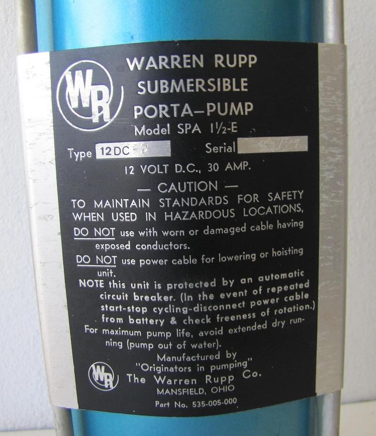 Used Warren Rupp SPA 12V DC Submersible Pump 30A 1-1/2 in Outlet Battery Clamps Case
