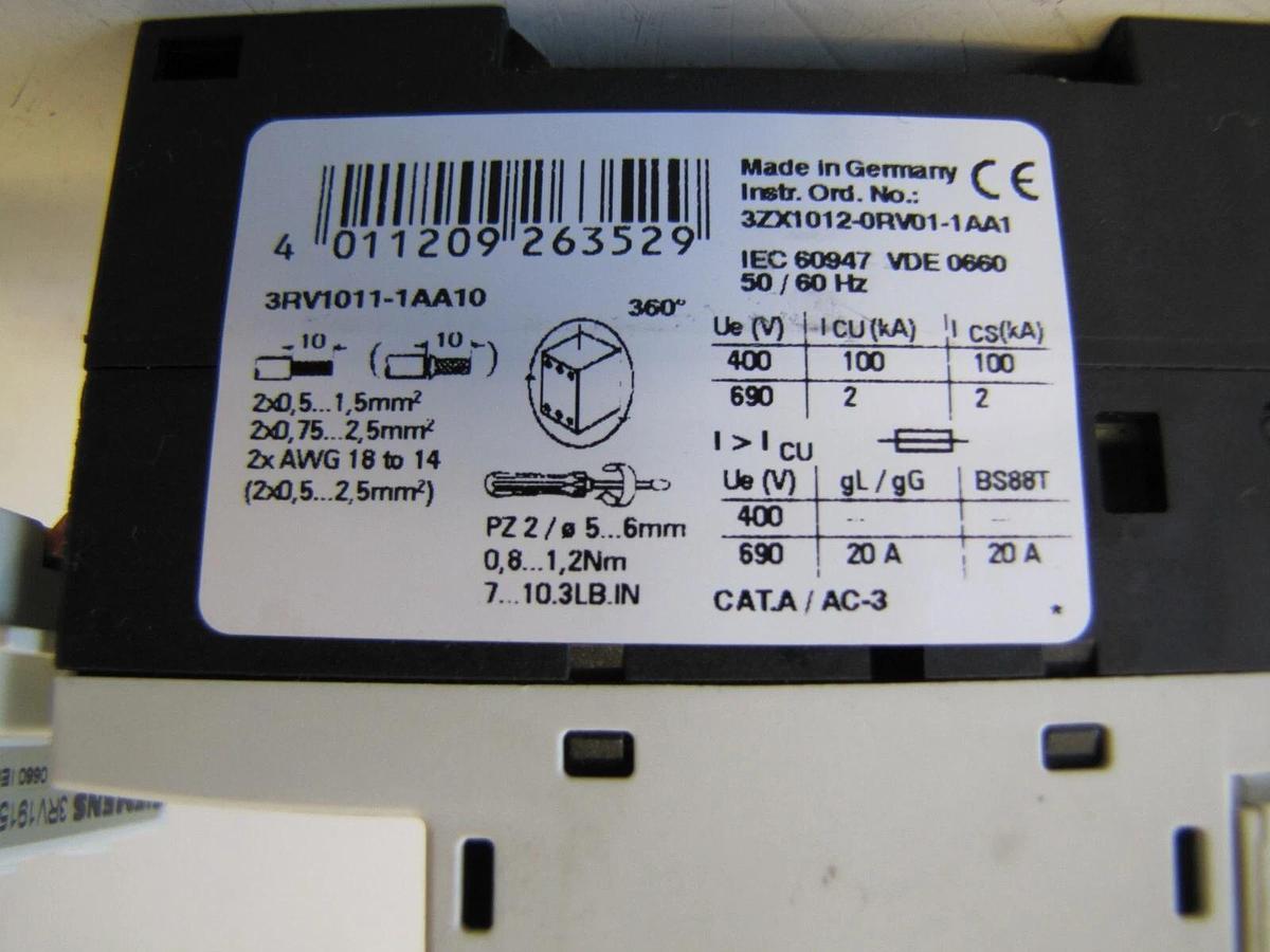 Used Siemens Sirius 3R 3RV1011-AA10 20A 20 Amp Circuit Breaker 3 Pole 600V