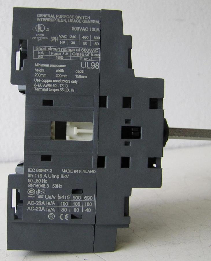 Used ABB OT100F3 50A Disconnect Switch 690V 3 Pole 3PH 10HP 230V 25HP 460V w/ Handle