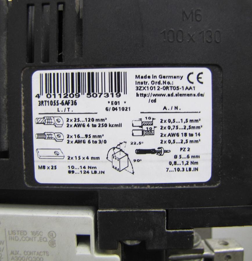 Used Siemens Sirius 185 Amp Contactor 3RT1055-6 185A 1000V 3 Phase 115V Coil 3 Pole