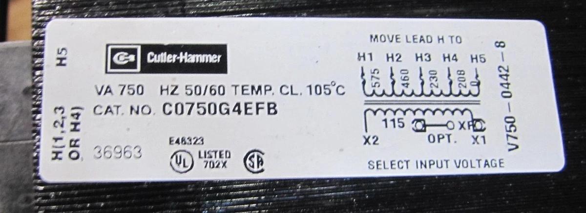 Used Cutler Hammer 750 VA Control Transformer 208-230/460V Primary 115V Secondary