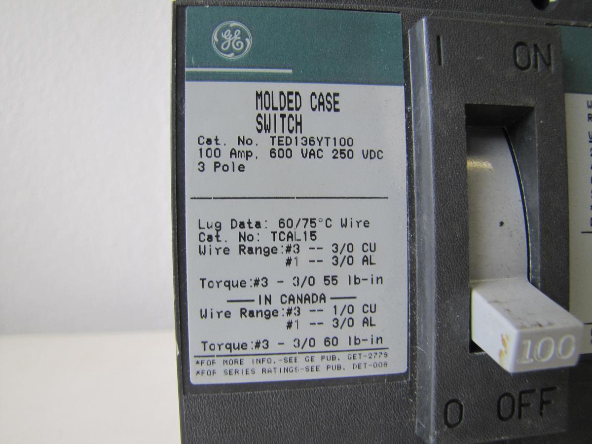 Used GE 100 Amp 100A Circuit Breaker 600 VAC 250 VDC 3 Pole TED136YT100