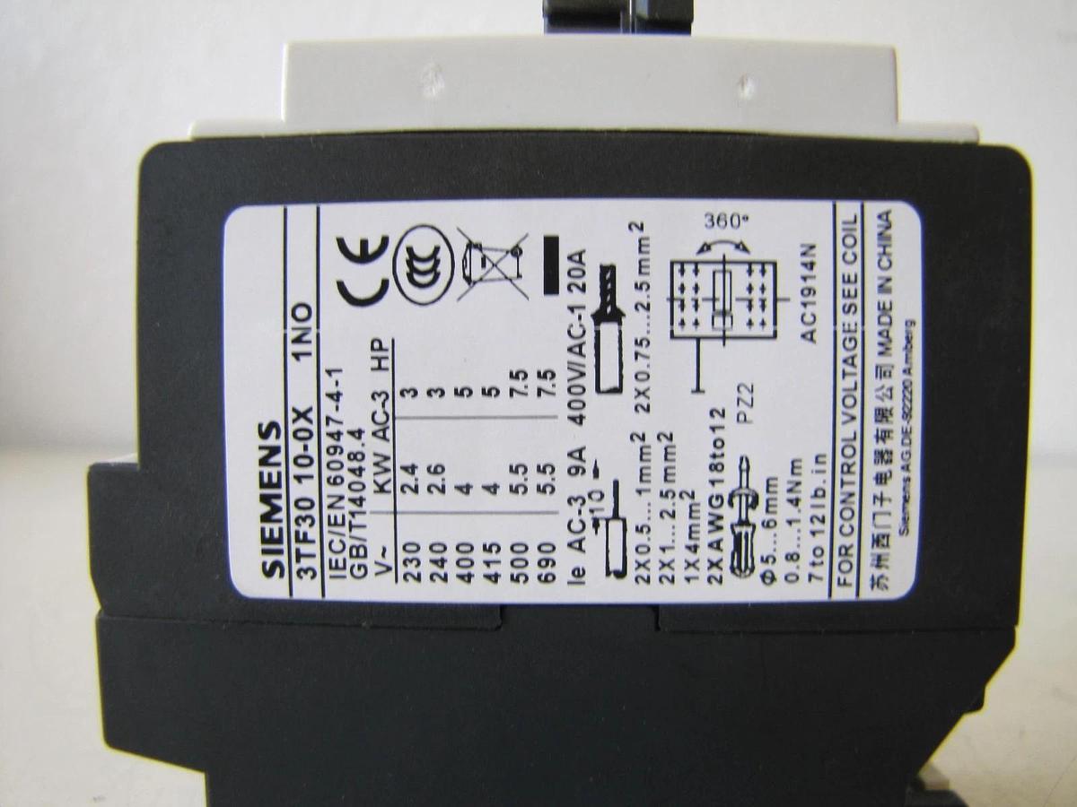 Used Siemens 3TF30 10E 9A Contactor 3 Pole 1 NO Contact 400V with 220V Coil