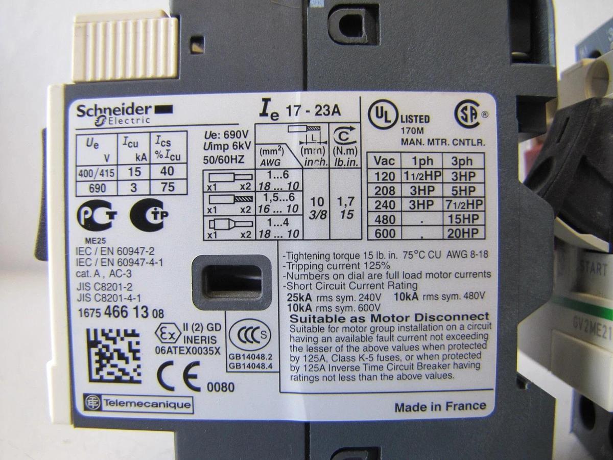 Used Lot of Two Schneider Electric 17 to 23 Amp GV2ME21 Manual Motor Starters