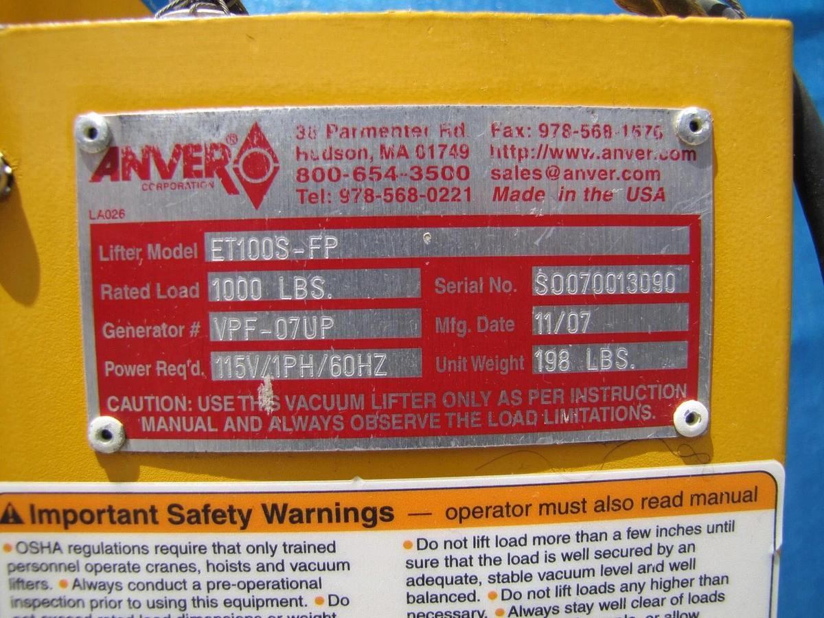 Used Anver 1000 lbs  Electric Powered Vacuum Pad Lifter Lift ET100S-FP 90° Tilting
