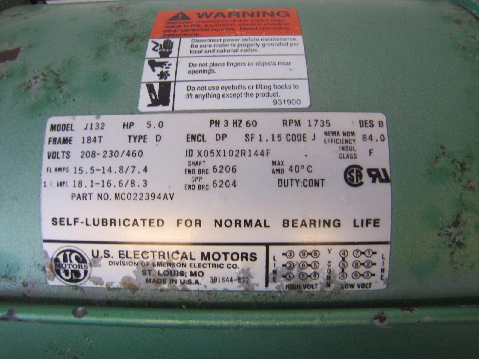 Used US Electrical 5HP Motor 208-230/460V 3 Phase 184T Frame 1735 RPM 1-1/8 Shaft