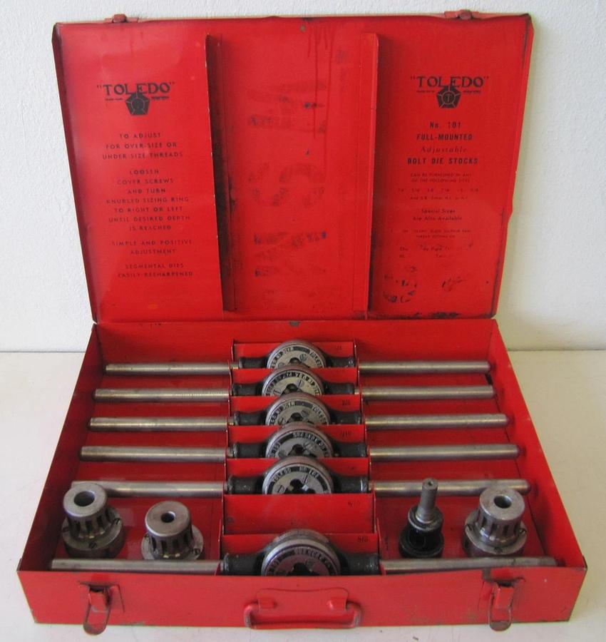 Used Toledo 101 Adjustable Bolt Die Stock Tapping Set 1/4" to 5/8" with Case