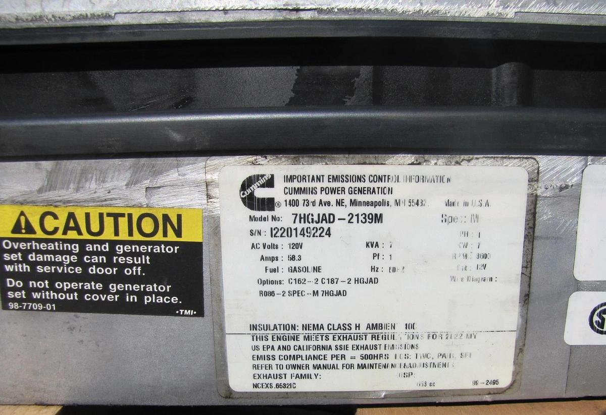 Used Cummins Onan Commercial QG EFI 7000 Watt Gasoline RV Generator 120V Output