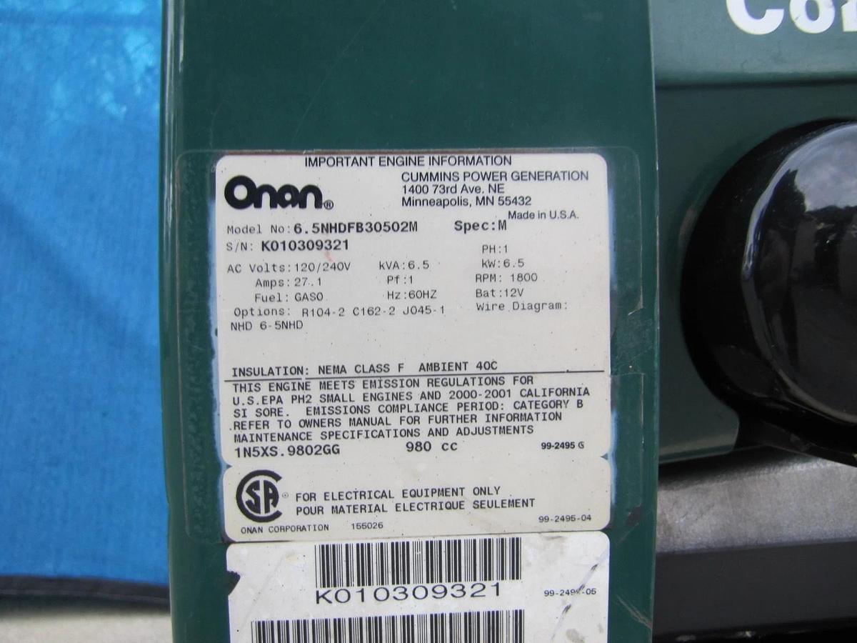 Used Onan Commercial 6500 Watt RV Generator Gasoline Powered 120V Output