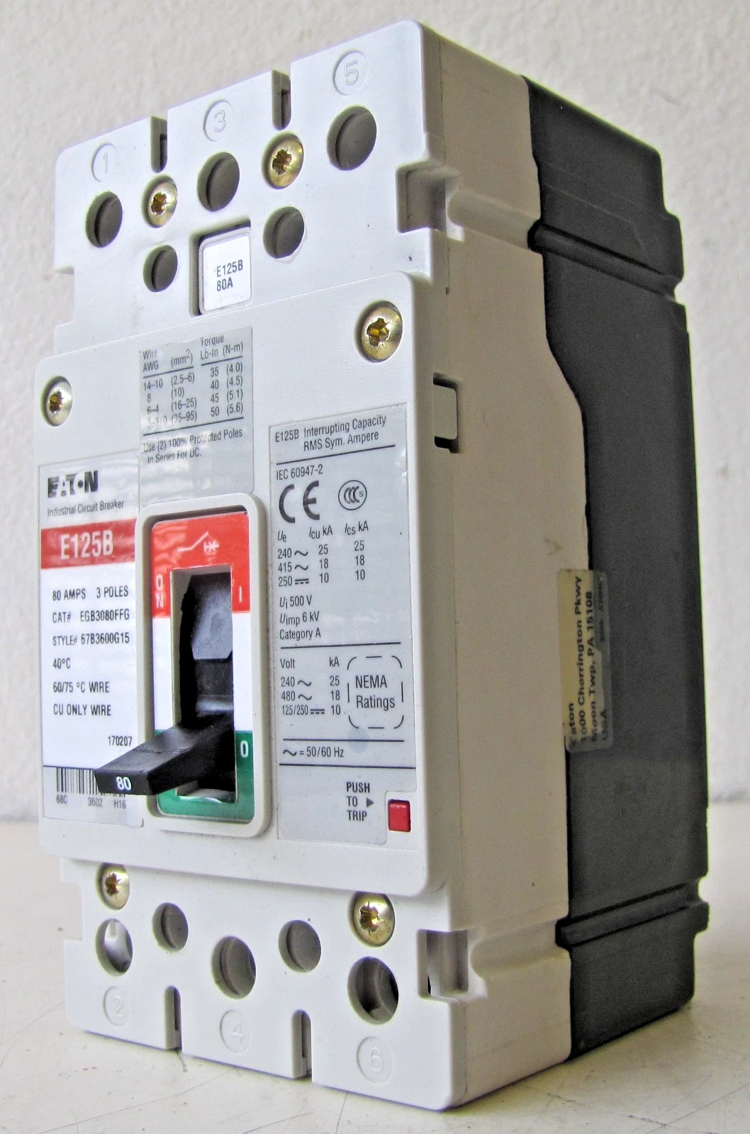 Used Eaton E125B 80 Amp Circuit Breaker EGB3080FFG 3 Pole 480VAC 250VDC Molded Case