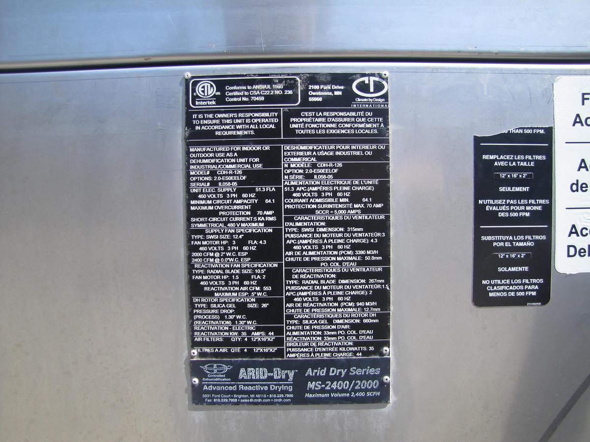 Used ARID Dry MS-2400/2000 Skid Mounted Desiccant Dehumidifier 2000 CFM 460V 3 PH