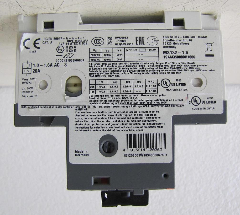 Used ABB Allen Bradley MS132 Manual Motor Starter 1 - 1.6 Amp 3 Pole 690V