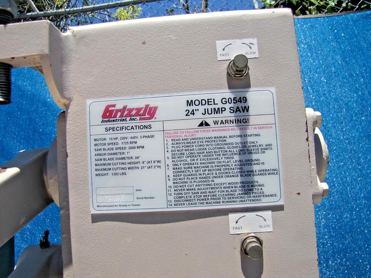 Used Grizzly G0549 24" Upcut Jump Saw 8" Cutting Capacity 15HP 230V 3 Phase Pneumatic