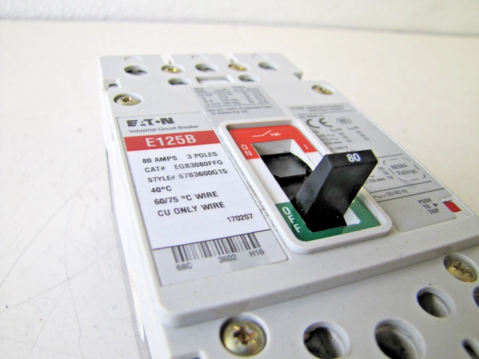 Used Eaton E125B 80 Amp Circuit Breaker EGB3080FFG 3 Pole 480VAC 250VDC Molded Case