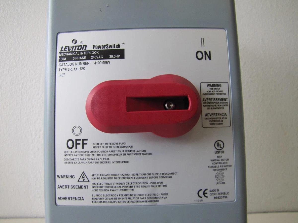 Used Leviton 100 Amp Pin & Sleeve Mechanical Interlock 240 VAC 3 PH 4100M19W Switch
