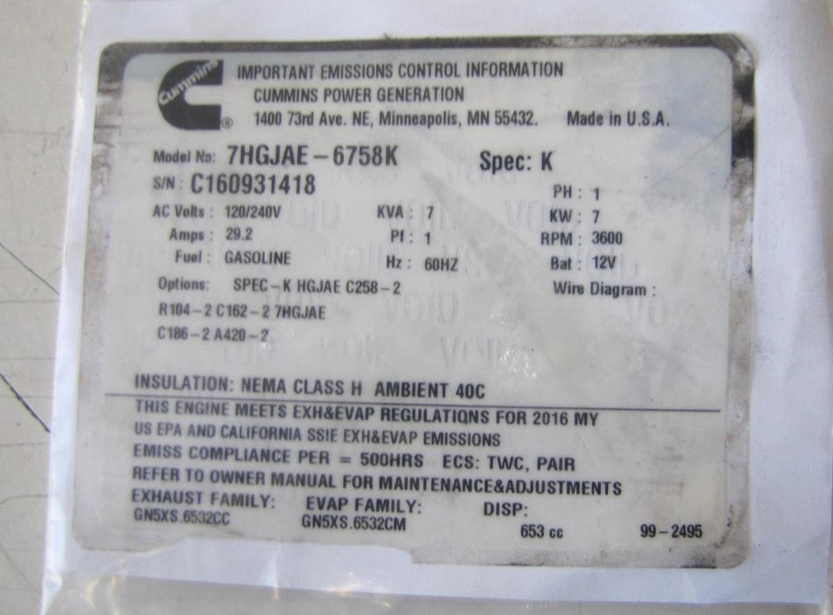 Used Cummins Onan Rotor 201-3638-02 RV 7 kw 7000 W 120/240V Generator 7HGJAE Spec K