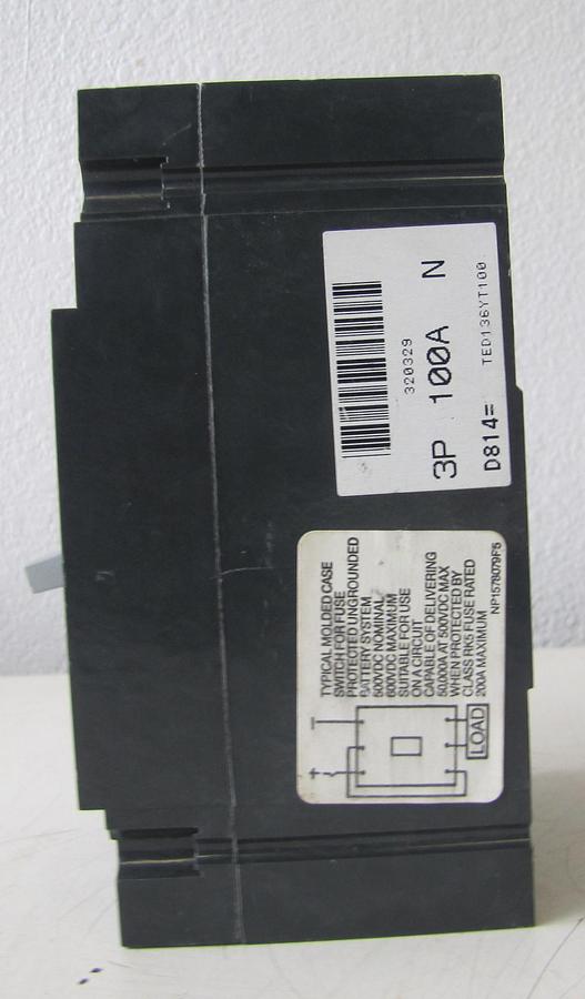 Used GE 100 Amp 100A Circuit Breaker 600 VAC 250 VDC 3 Pole TED136YT100