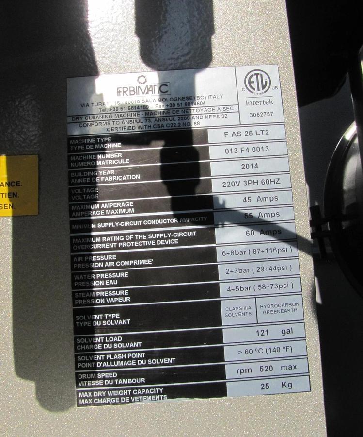 Used 2014 Firbimatic F60 Series SE Dry Cleaning Washing Machine 220V 3 Phase