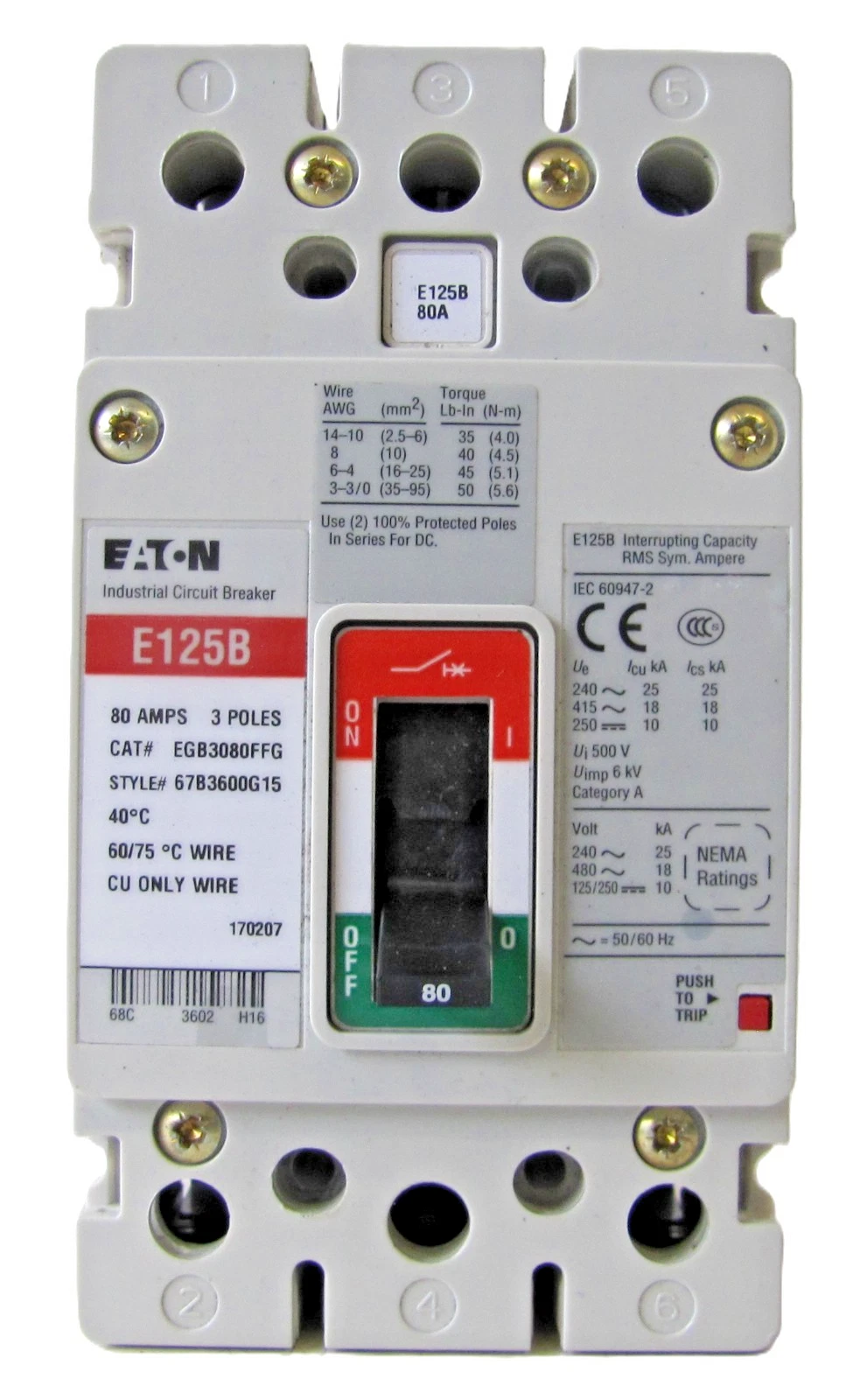 Used Eaton E125B 80 Amp Circuit Breaker EGB3080FFG 3 Pole 480VAC 250VDC Molded Case
