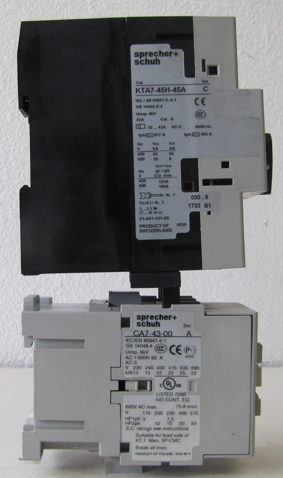 Used Sprecher+Schuh CA7-43-00 85A Contactor 110V Coil KTA7-45H-45A Manual Breaker 3P