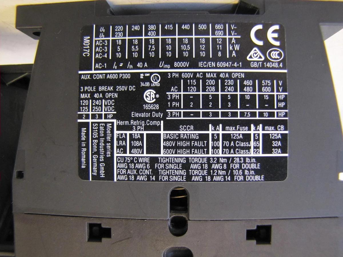 Used Eaton 40 Amp DIL M17-10 Motor Starter Contactor 24 VDC Coil and Overload Relay