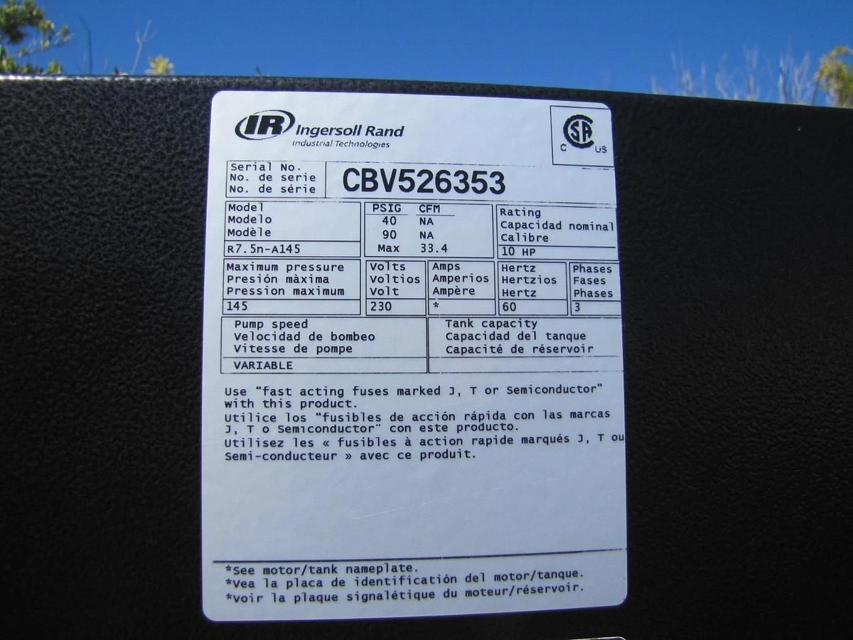 Used Ingersoll Rand R7.5 Nirvana VSD 10HP Rotary Screw Air Compressor 80 Gallon Tank