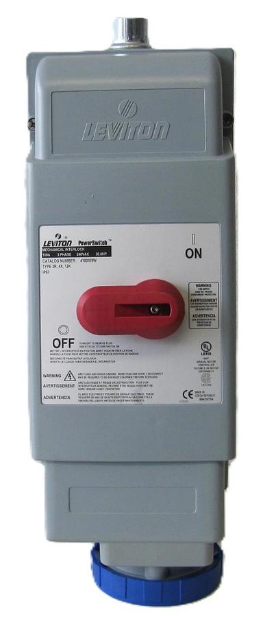 Used Leviton 100 Amp Pin & Sleeve Mechanical Interlock 240 VAC 3 PH 4100M19W Switch