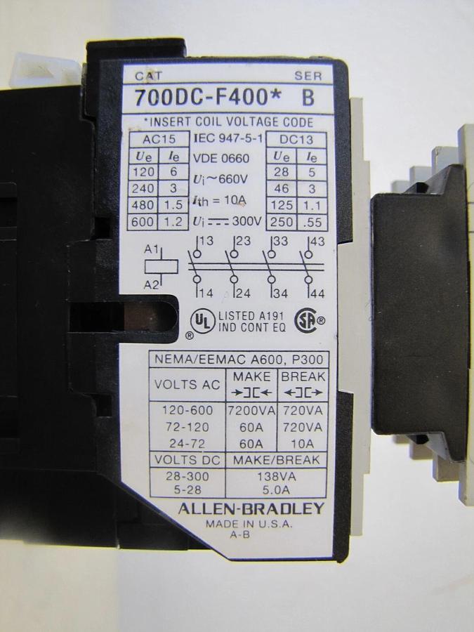 Used Allen Bradley AB 10A Contactor 700DC-F400 12V DC Coil 10 Amp