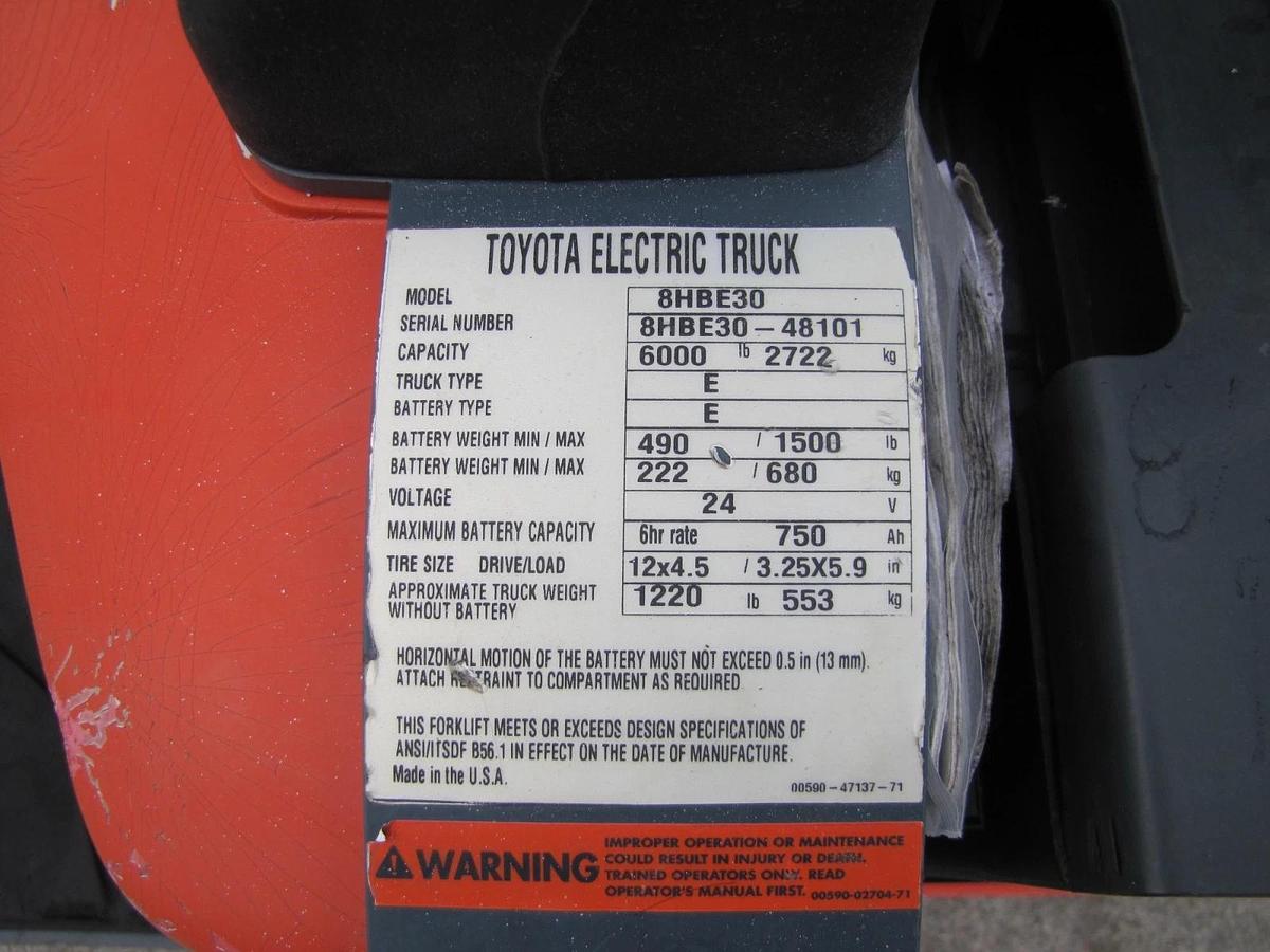 Used Toyota 8HBE30 Electric Pallet Jack 24 VDC 24V With Battery Charger 6000 lbs.