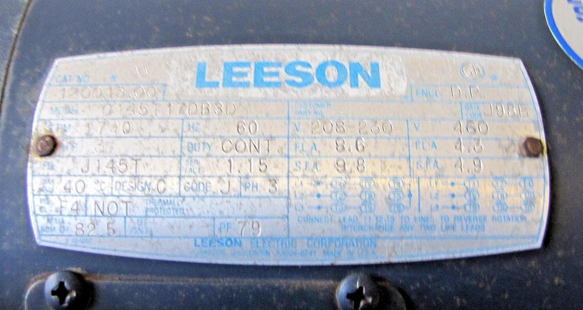 Used Leeson 3 HP Electric Motor 208-230/460V 3 Phase J145T 1740 RPM 1-1/8" Dia. Shaft