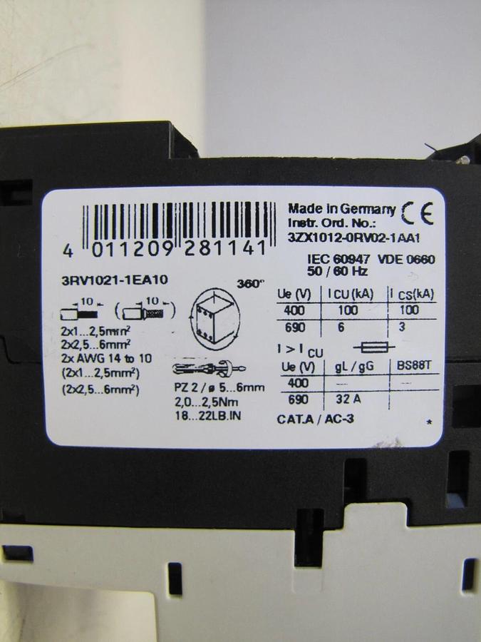 Used Siemens 3RV1021-1EA10 Manual Motor Starter Circuit Breaker 4 Amps 4A