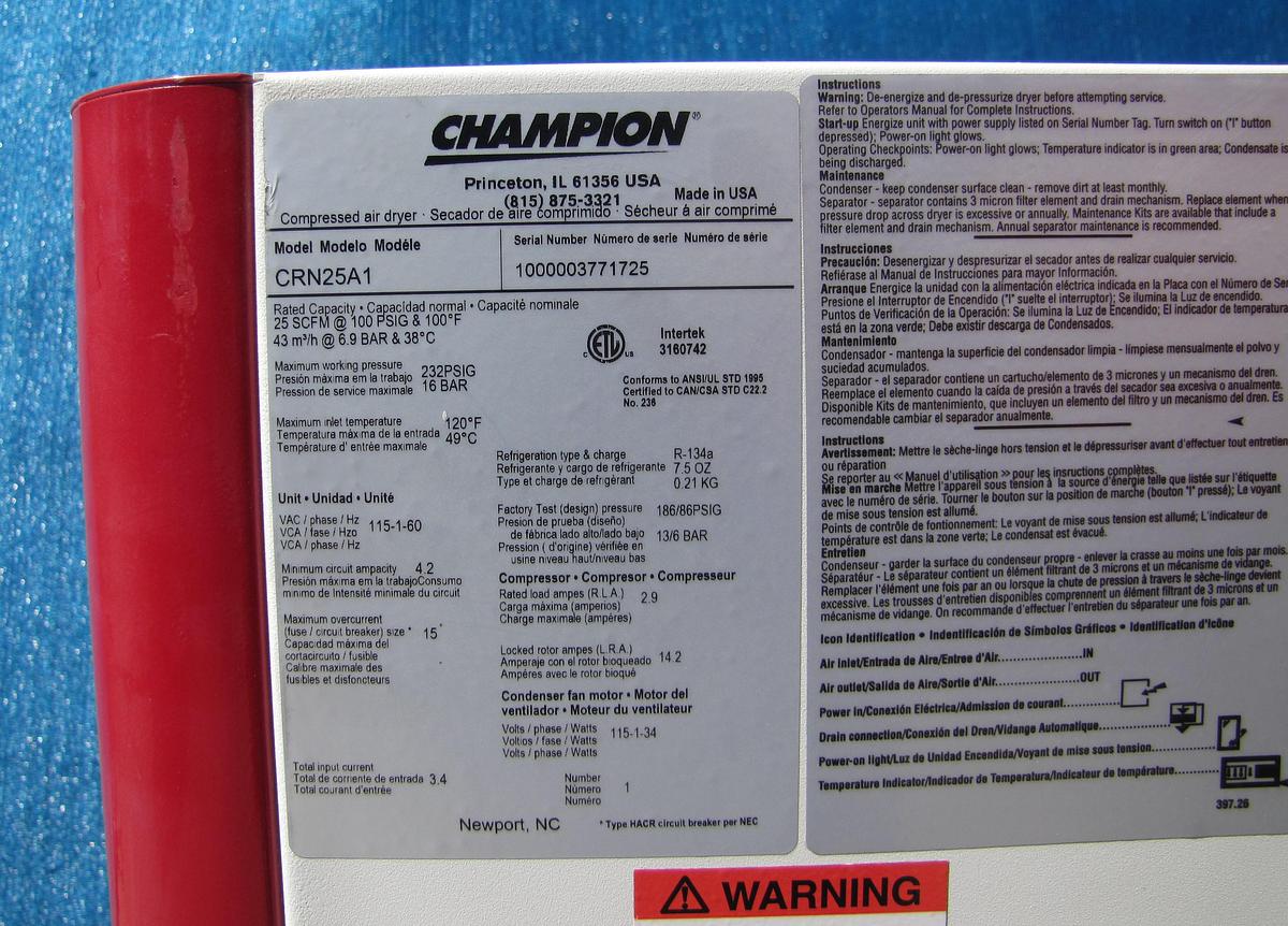 Used Champion Refrigerated Compressed Air Dyer CRN25A1 25 SCFM 232 PSI 115 VAC