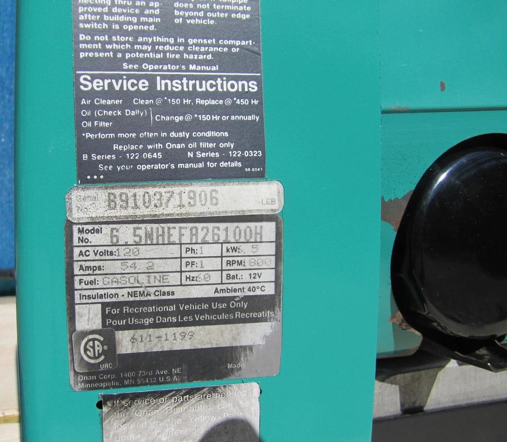 Used Onan Commercial 6500 Watt RV Gasoline Generator 120/240V Output 1784 Hours