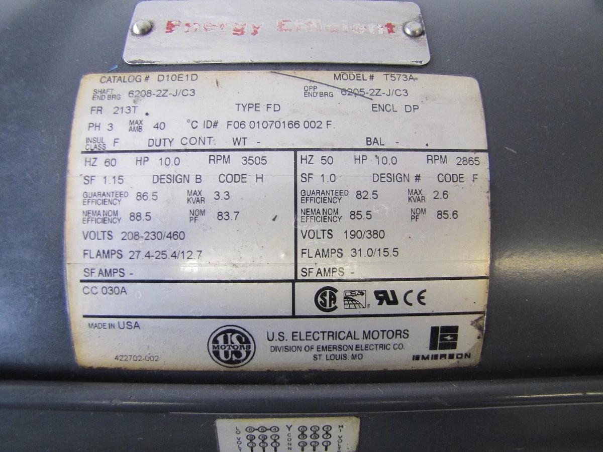Used U.S. Electrical 10HP Electric Motor 208-230/460V 3 Ph 3505 RPM 1-3/8" Dia. 213T