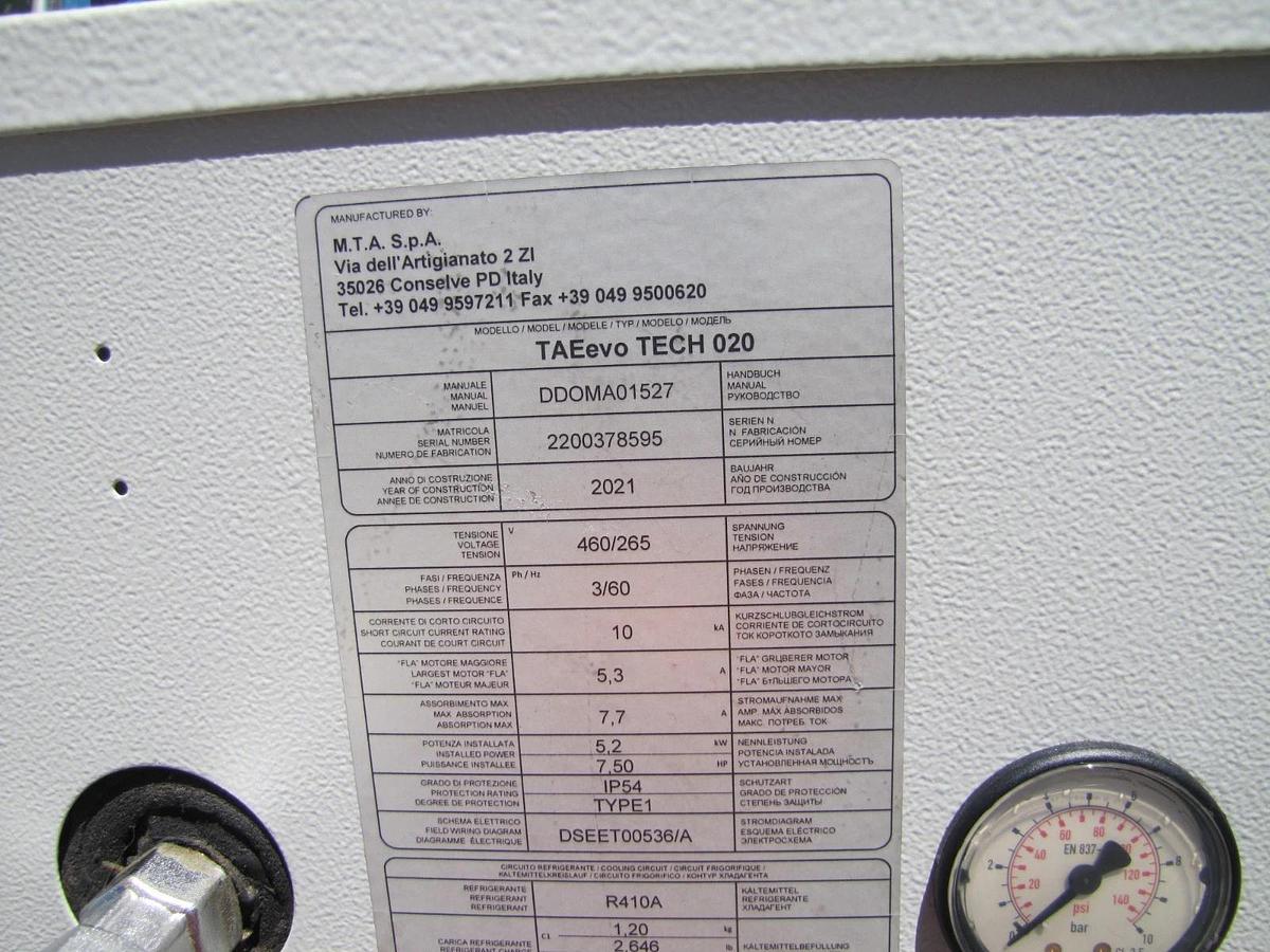 Used 2021 MTA TAEevo TECH 020 Air Cooled Water Chiller 2 Ton 24120 BTU 460V 3 Phase