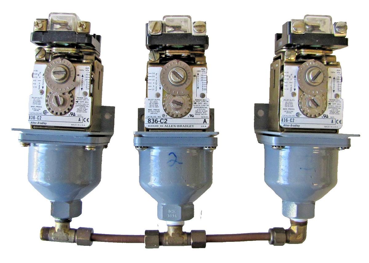 Used Lot of 3 Allen Bradley 836-C2 Electric Control Pressure Switches 65 PSI 24-600V