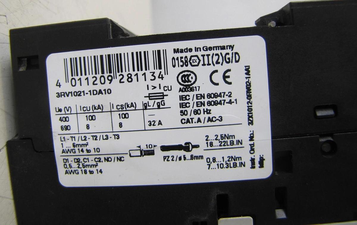 Used Siemens 32A Manual Motor Starter Circuit Breaker 3RV1021-1DA10 690V 32 Amp