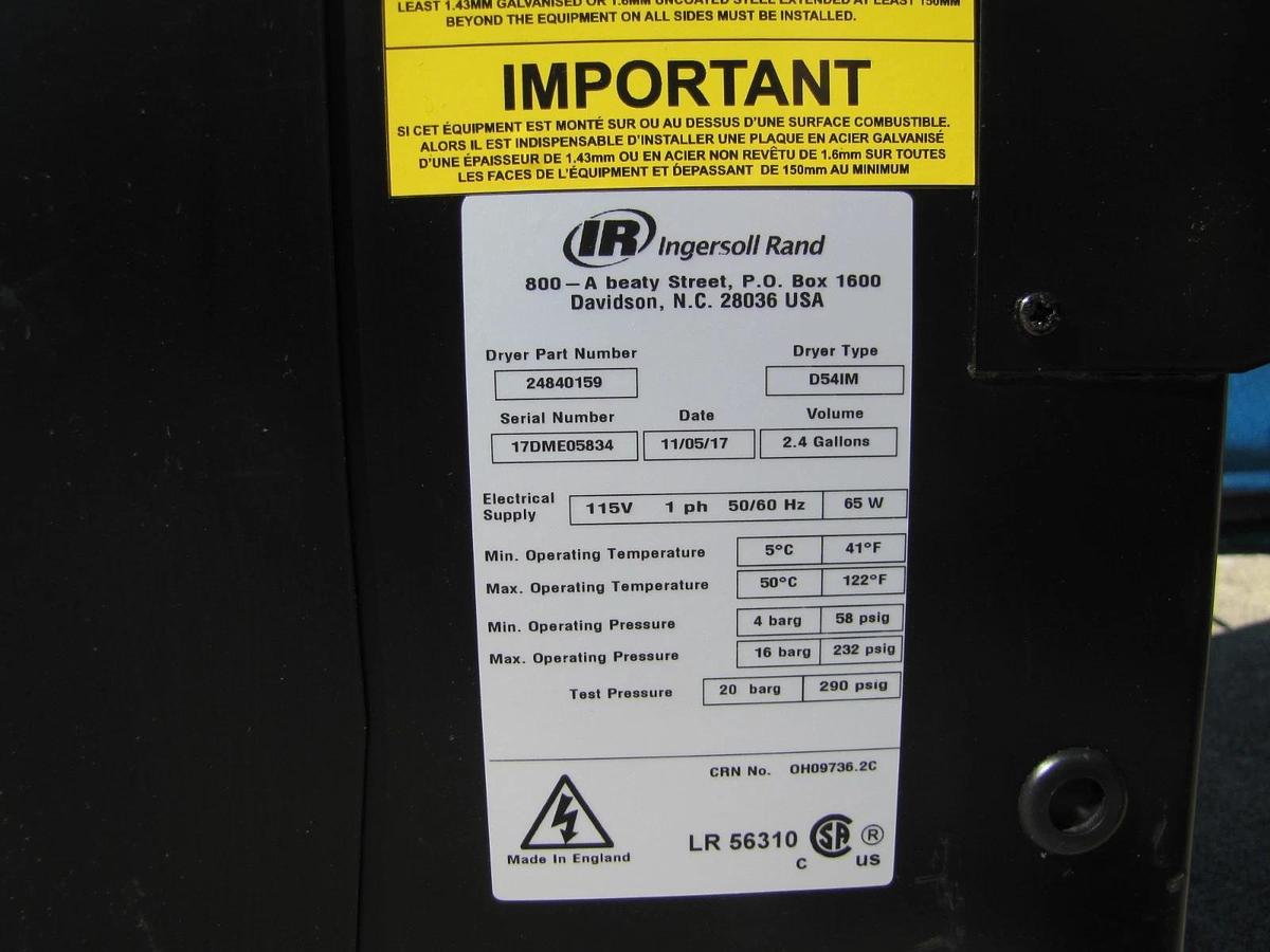 Used Ingersoll Rand D54IM Heatless Desiccant Compressed Air Dryer 115V 2.4 Gallon