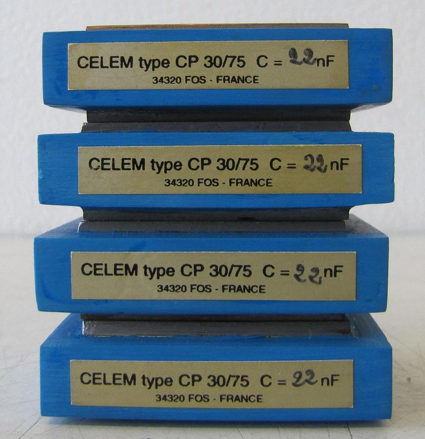 Used Lot of 4 Celem CP 30/75 High Frequency Capacitors 22nf Ohms 500V 150A 100 kHz
