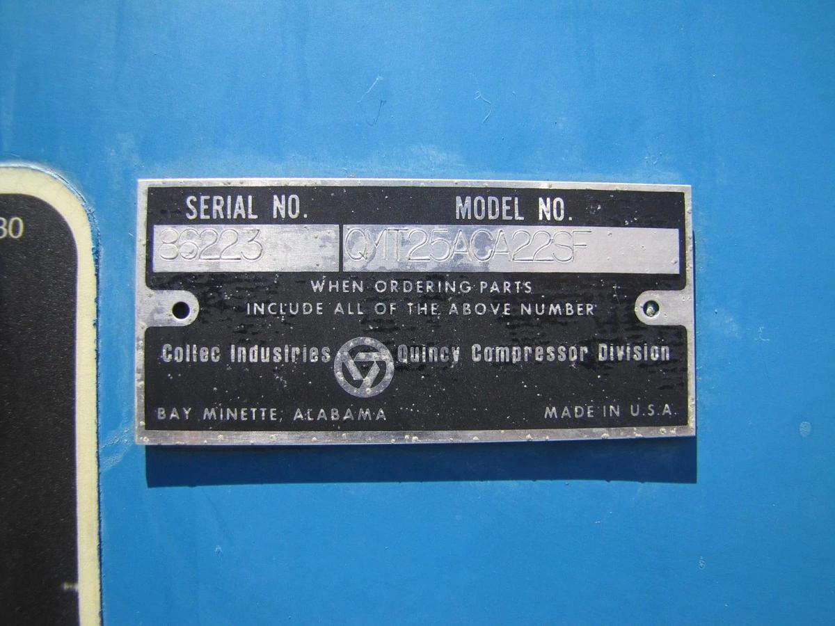 Used Quincy 25HP Rotary Screw Air Compressor 120 Gallon Tank 230V 3 Ph 39,462 Hours