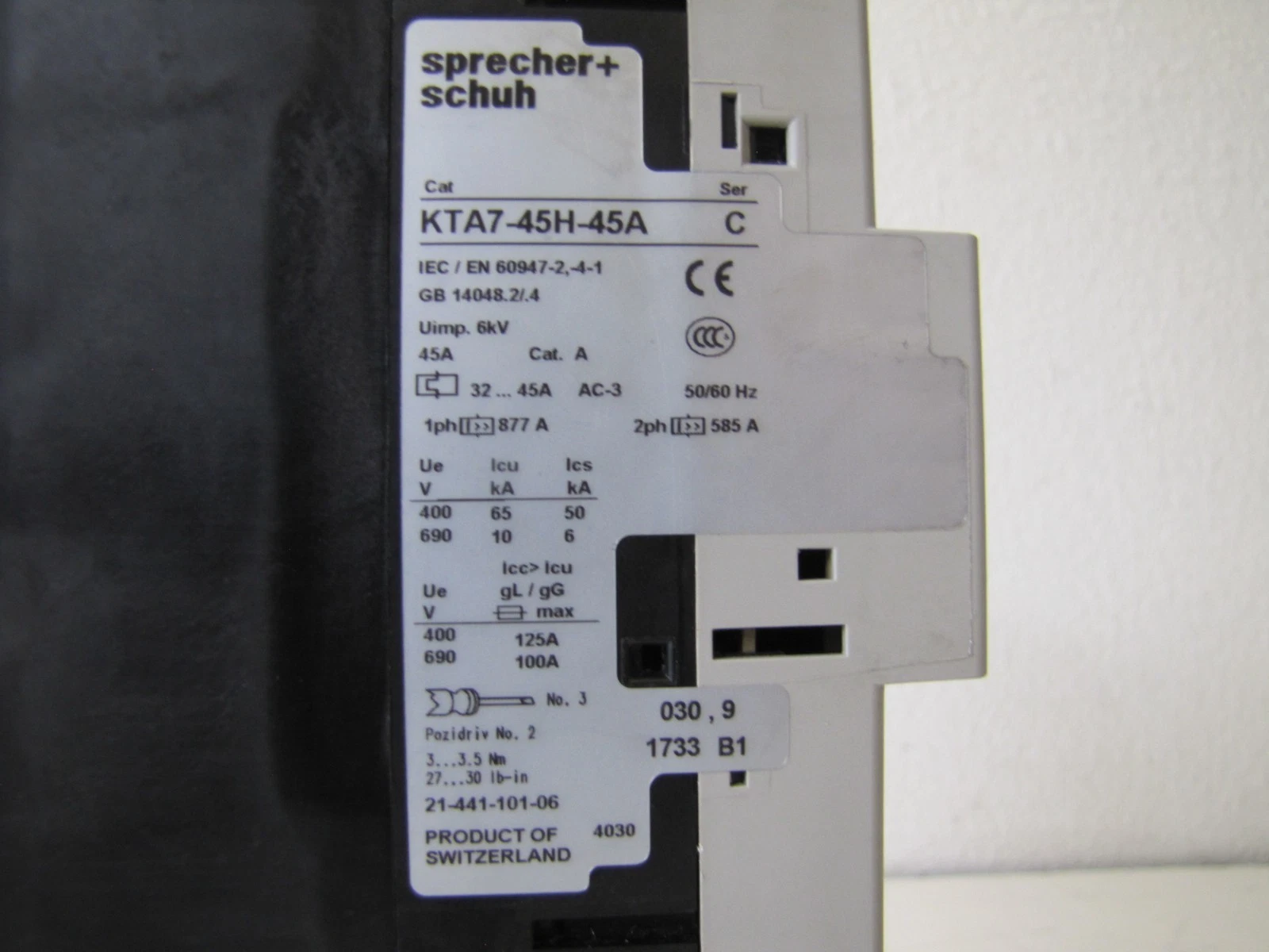 Used Sprecher+Schuh CA7-43-00 85A Contactor 110V Coil KTA7-45H-45A Manual Breaker 3P