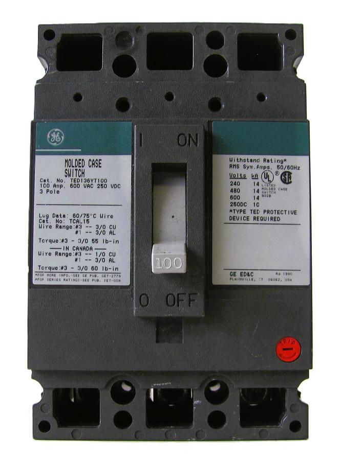 Used GE 100 Amp 100A Circuit Breaker 600 VAC 250 VDC 3 Pole TED136YT100