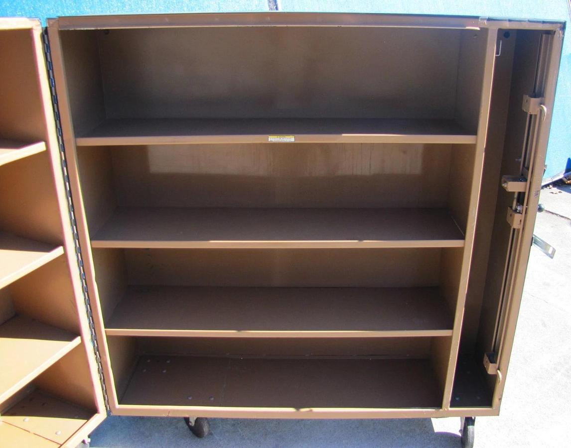 Used Knaack 100 Bi-fold Folding Rolling Storage Cabinet 65" x 30" x 60" with New Lock